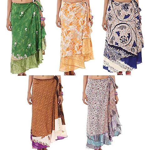 AUNERCART Two Layer Magic Wrap Around Skirt for Women Girls Ladies Multicolor Reversible Dress Silk Sari Maxi Pack of 5 Pcs Wraparound Skirt Vintage Long Casual Beachwear Skirt Cover