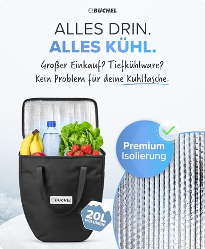 Büchel 20L Kühltasche - Hält bis zu 12h Kühl & Eignet Sich zur Warmhaltung - Thermotasche für Einkauf Picknick Tiefkühlware & Flaschen - Leicht Zu Reinigende Isoliertasche mit Tragegriff Schwarz