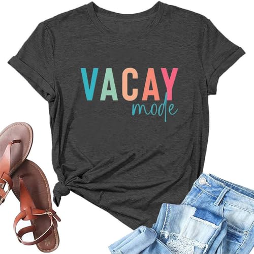 Ladies Summer Casual T-Shirt Vacay Mode Tropical Print Beach Vacation Top Graphic Tees for Women (Dark Grey XL)