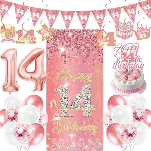 14 Geburtstag MäDchen Deko Set - 29 StüCk Rosegold Glitzer Happy Birthday Geburtstagsdeko Wimpel Tortendeko Mit HintergrüNde Zahl Luftballon Wirbel FüR 14 Jahr Geburtstagsfeier Party Dekoration