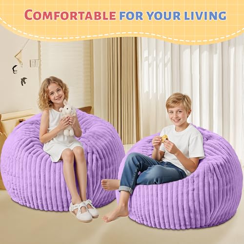 Image of HABUTWAY 2FT Bean Bag Chair, 2' Bean Bag Chairs with Memory Foam Filled, Small Comfy Beanbag Chair with Stripe Plush Cover for Living Room Bedroom Dorm,Purple