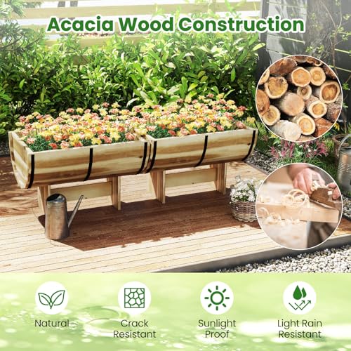 Giantex Half Barrel Raised Garden Bed, Acacia Wood Planter Box for Flower Vegetable Fruit, Outdoor Indoor Plant Pot with Legs for Garden Decoration, 18