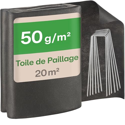 Praknu Toile de Paillage Anti-Mauvaises Herbes 50g/m² – Géotextile avec 12 Piquets - 20m² (2x10m) – Perméable, Résistant aux UV & aux Déchirures – Idéal pour Massifs Fleuris & Cultures Saisonnières