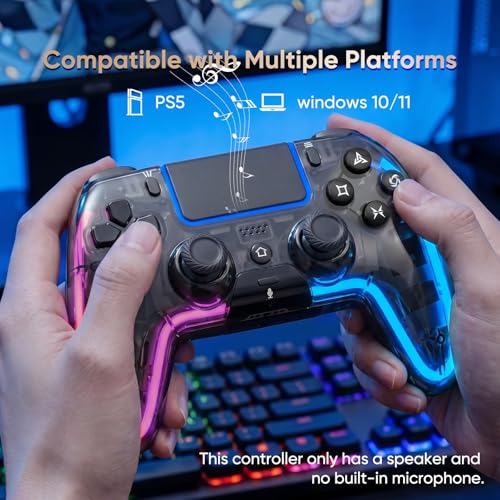 Image of BETMI Wireless Controller for PS5, Pro /Slim /MAC /Steam Deck /PC, Hall Effect Joysticks,Dual Vibration, Marco /Turbo, 3.5mm Audio Jack, 6-Axis Gyro, Mute, Bluetooth LED Gamepad with Speaker(9 Colors Single & Dual-Color LED, L Pink R Cyan)