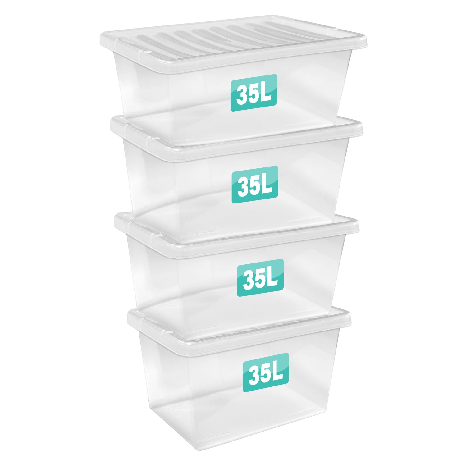 Optimal Products 4 x 35 Litre Storage Boxes With Lids Set of 4, Clear Multipurpose Nestable Stackable Plastic Storage Box With Lid Clear Containers For Home, Kitchen, Garage, Office, Accessories