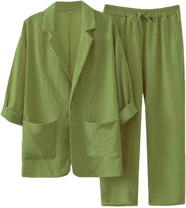 Shownicer Damen Leinen Set Zweiteiler - Langarm Bluse + Weite Hose - Elegant & Casual Für Sommer