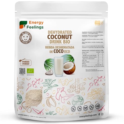 Energy Feelings Bebida de Coco Deshidratada en Polvo Ecológica 200g, Leche en Polvo Sin Lactosa y Sin Azúcares Añadidos, Vegano, Contiene Maltodextrina, Eco Coconut Milk