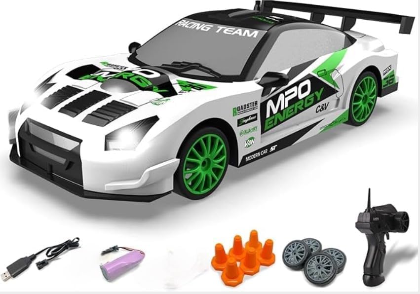 1:24 RC Drift Car โ 4WD 20 Km/h High-Speed Remote Control Car with LED Lights, Racing & Drifting Wheels, Rechargeable Battery โ Toy Gift for Boys,Girls White (Multi Colour (as per Stock))