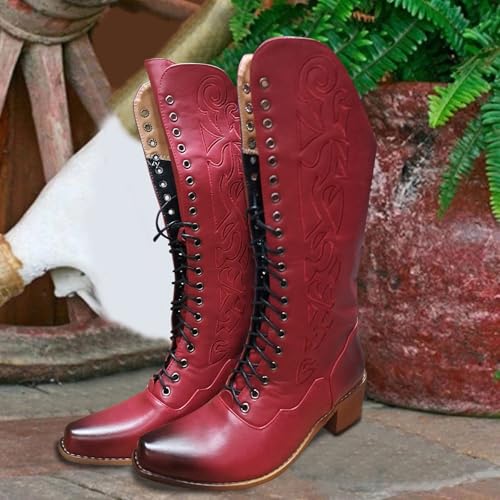 Victorian Boots for Women 70s Vintage Lace Up Mid Calf Boots Halloween Almond Toe Comfortable Chunky Block Heels Womens Dressy Fall Winter Cone Low Heel Cosplay Witch Booties Costume Shoes3