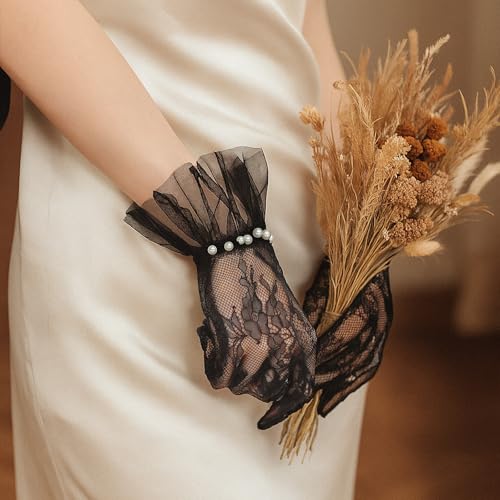 Short Lace Mesh Gloves, Black Lace Gloves with Pearls, Lace Glove Women Tea Party for Opera Evening Party Prom Wedding Halloween Cosplay3