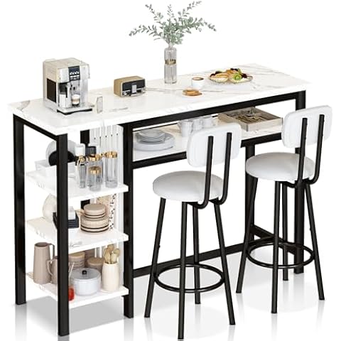 Lamerge Furniture Kitchen Bar Height Table and Chairs for 2, 5-Tier Compact Dining Room Table, White Faux Marble Top and 2 PU Leather Upholstered Seat Black Frame, Modern Dining Set for Home & Office Cover