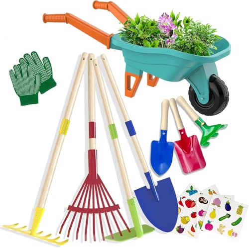 LATERN Kinder Gartenwerkzeugset, 70CM Schubkarre mit 70CM Metall Schaufel Rechen Hacke Laubrechen 20CM Schaufel Rechen Handschuhe STEM Lernspielzeug Rollenspiel für Draußen Garten Rasen Graben Spielen