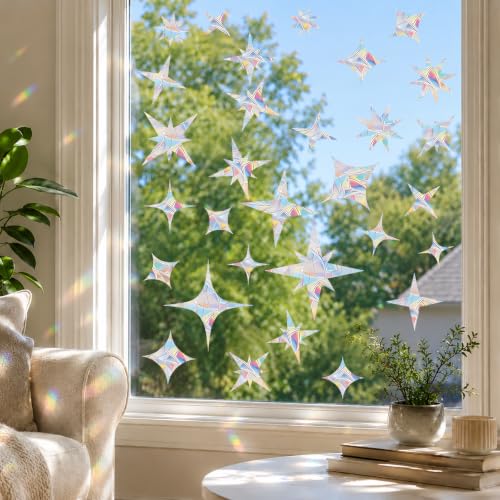 Image of 60 Pcs Star Window Decals to Prevent Bird Strikes - Anti-Collision Window Stickers for Birds, Rainbow Vinyl Suncatcher Stickers, Reusable Static Clings for Bird Window Deterrent, No Glue Needed