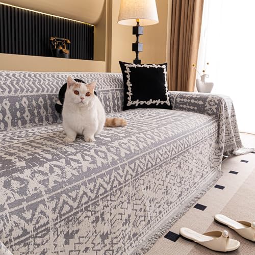 STACYPIK Boho Gray Couch Cover Chenille Jacquard Aztec Sofa Covers for Pets