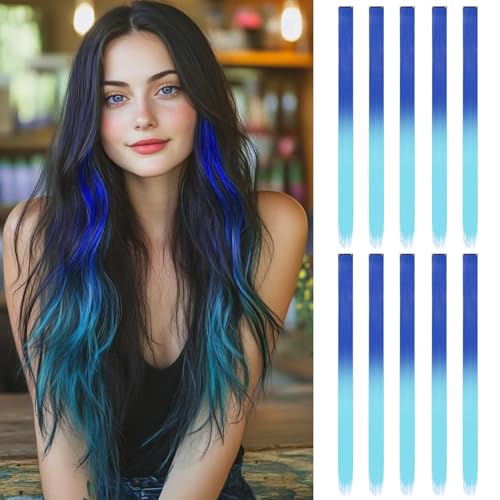 10 Extension Cheveux | Rajout Cheveux Couleur de 55 cm | Meche Cheveux (dégradé bleu lac-bleu...