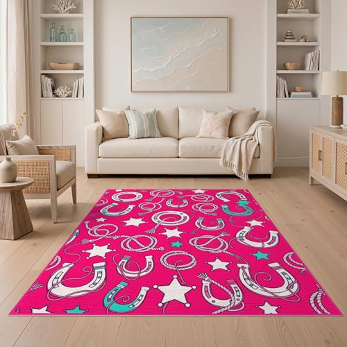 ODIKA 5'x7' Washable Southwestern Star Area Rug, Hot Pink Flatwoven Floor Covering Non-Slip Chair-Friendly Carpet for Dining Room, Under Table, Home Office | Ref:2017069