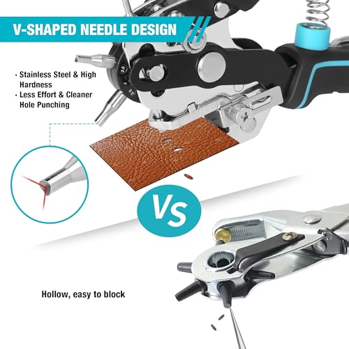 DURATECH Draaibare perforator met 6 verwisselbare stansmaten, ponsgereedschap met liniaal voor leer, riem, stof, papier, kaart, kunststof, tas - Afbeelding 5