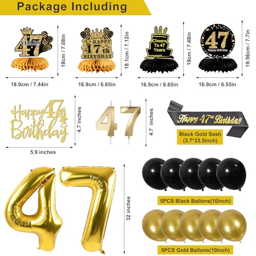 Image of 47th Birthday Decorations for Men, Black Gold 47th Party Decoration Kits | 27pcs Happy 47th Birthday Set, Banner, Honeycomb, Balloons, Gold Number, Candle, Hanging Swirls, Cake Topper, Party Supplies