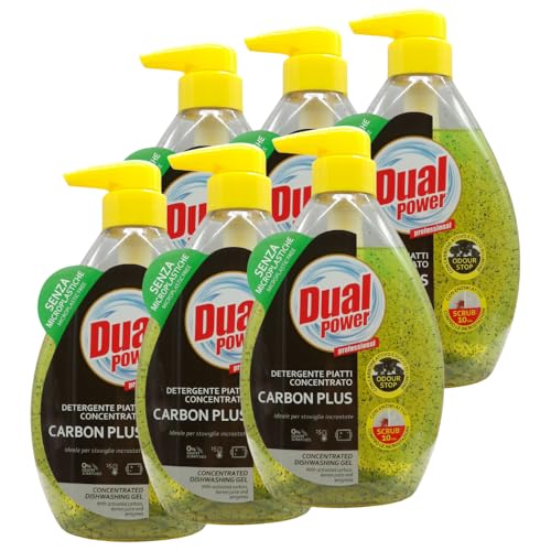 Detergente Piatti Concentrato, CARBON PLUS, Ideale Per Stoviglie Incrostate. Con Carbone Attivo e Succo Di Limone. Elevato Potere Sgrassante. Senza Microplastiche 600ml (6 Unità)