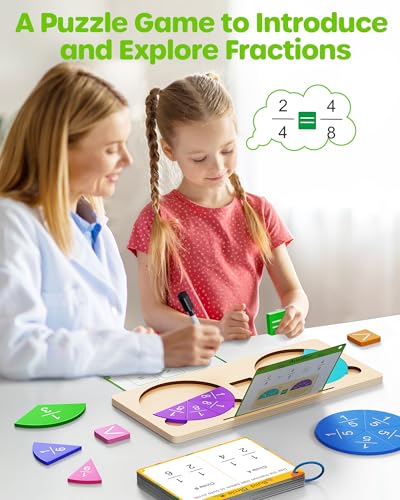 Image of D-FantiX Wooden Fraction Educational Puzzle, Wood Fraction Tiles & Fraction Circles Set, Math Manipulatives for Elementary School, Montessori Fraction Manipulatives Games Learning Toys for Kids