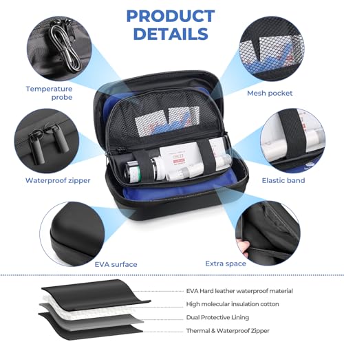 Image of Insulin TSA Approved Insulin Cooler Travel Case Diabetic Medication Bag with Temperature Display Small Refrigerated Medicine Diamond Pattern Organizer Bag for Travel & 2 Ice Pack-Black