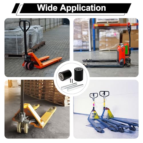 Image of Two Packs of Pallet Jack /Truck Wheels 3 inch x 3.75 inch PU Poly Tread, 20mm ID Bearings, Full Set with Axles, Pins and Entry Exit Roller
