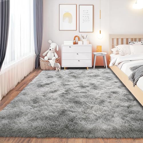 Chicnix Teppich Schlafzimmer 140×200 cm Flauschig, Hochflor Teppich Wohnzimmer Batik Hellgrau, Weiche Plüsch rutschfest Shaggy Langflorteppich für Kinderzimmer Heim Dekor