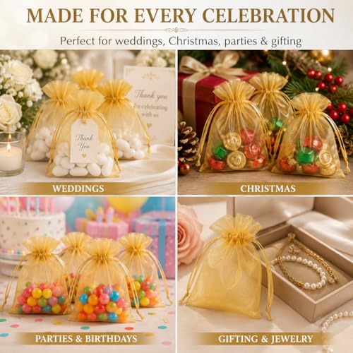 Image of Hopttreely Gold Organza Bags 4x6 Inch, Premium Mesh Drawstring Gift Bags for Party Favors, Jewelry Packaging, Wedding Candy, Christmas, Small Business Supplies, 50 Pcs