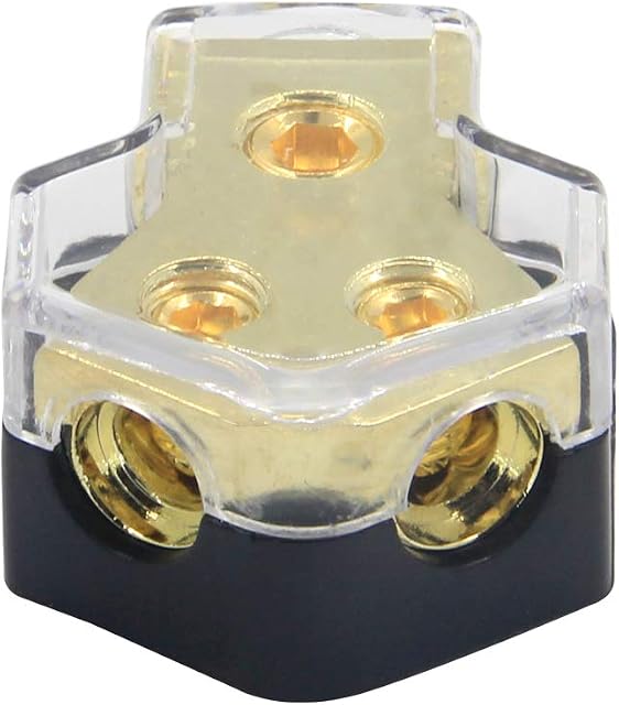 RKURCK 2 way Power Distribution Block, 0/2/4 AWG Gauge in, 4/8/10 Gauge Out,Car Audio Stereo Amp Distribution Connecting Block for Audio Splitter (1 in 2 Out)
