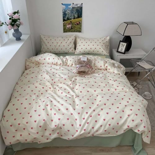 Image of Nayoroom Heart Duvet Cover Twin Size Kawaii Pink Heart Printed on Cream White Bedding Set 2Pcs Kids Girls Cute Heart-Shaped Pattern Comforter Cover with Zipper Closure Soft Breathable Microfiber