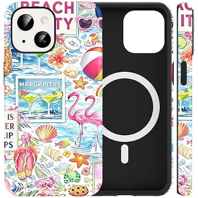 Summer Beach Vacation Phone Case for i Phone 13/i Phone 14 6,1'',Compatible with MagSafe, Aesthetic Cute Flower Flamingo Seashell Drinks Collage Design for Women Girls, Hybrid 2-Layer Hard Shell Funda