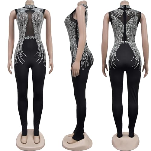 Image of Jigfar Women Sexy Embellished Rhinestone Bodycon Jumpsuit Mesh See Through Patchwork Birthday Party Night Out Clubwear
