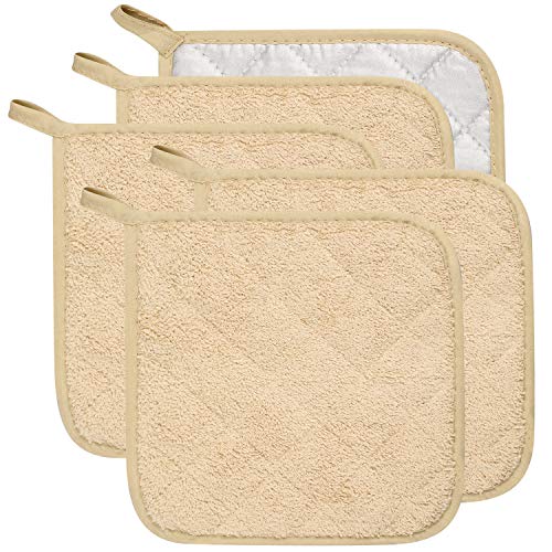 Lifaith Set di 5 presine da Cucina Completamente in Cotone e in Tessuto di Spugna termoresistente, Ideali per Uso Quotidiano in Cucina e con fornelli e Forno Marrone Chiaro