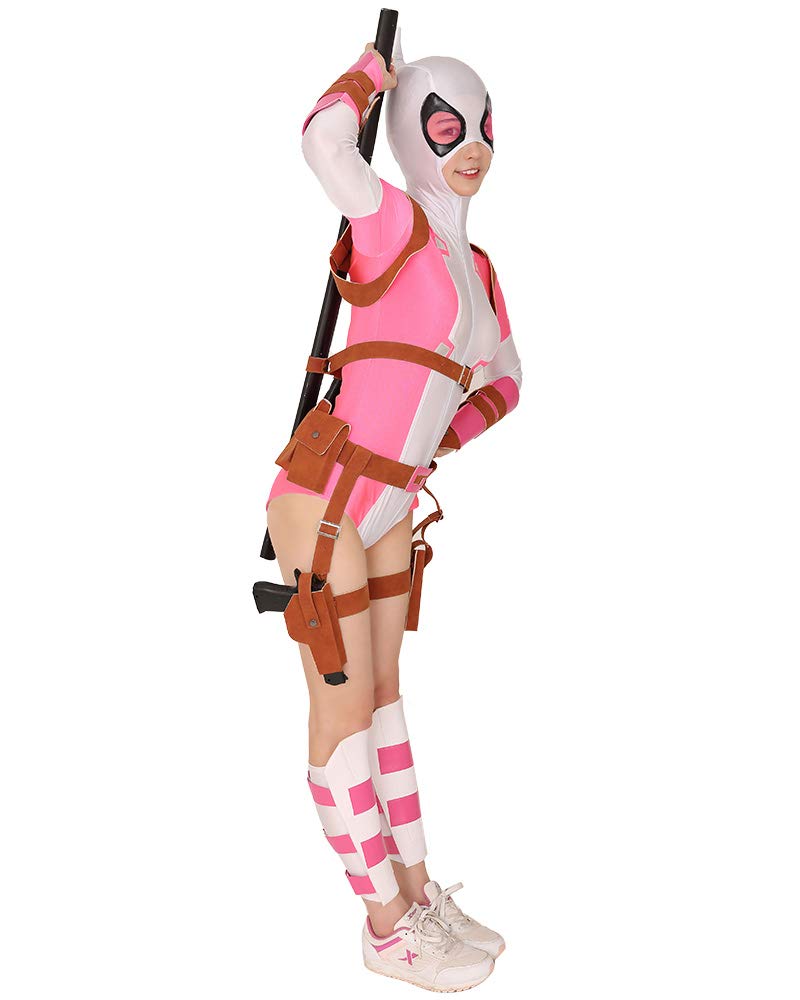miccostumes Women's Superhero Cosplay Costume Pink White Bodysuit With Belt Set: X-Large