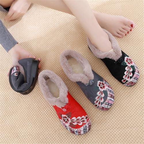 Women's Soft-Soled Non-Slip Warm Cotton Boots, Floral Embroidered Warm Plush Lined Indoor Outdoor Cozy Booties Flat Loafers3
