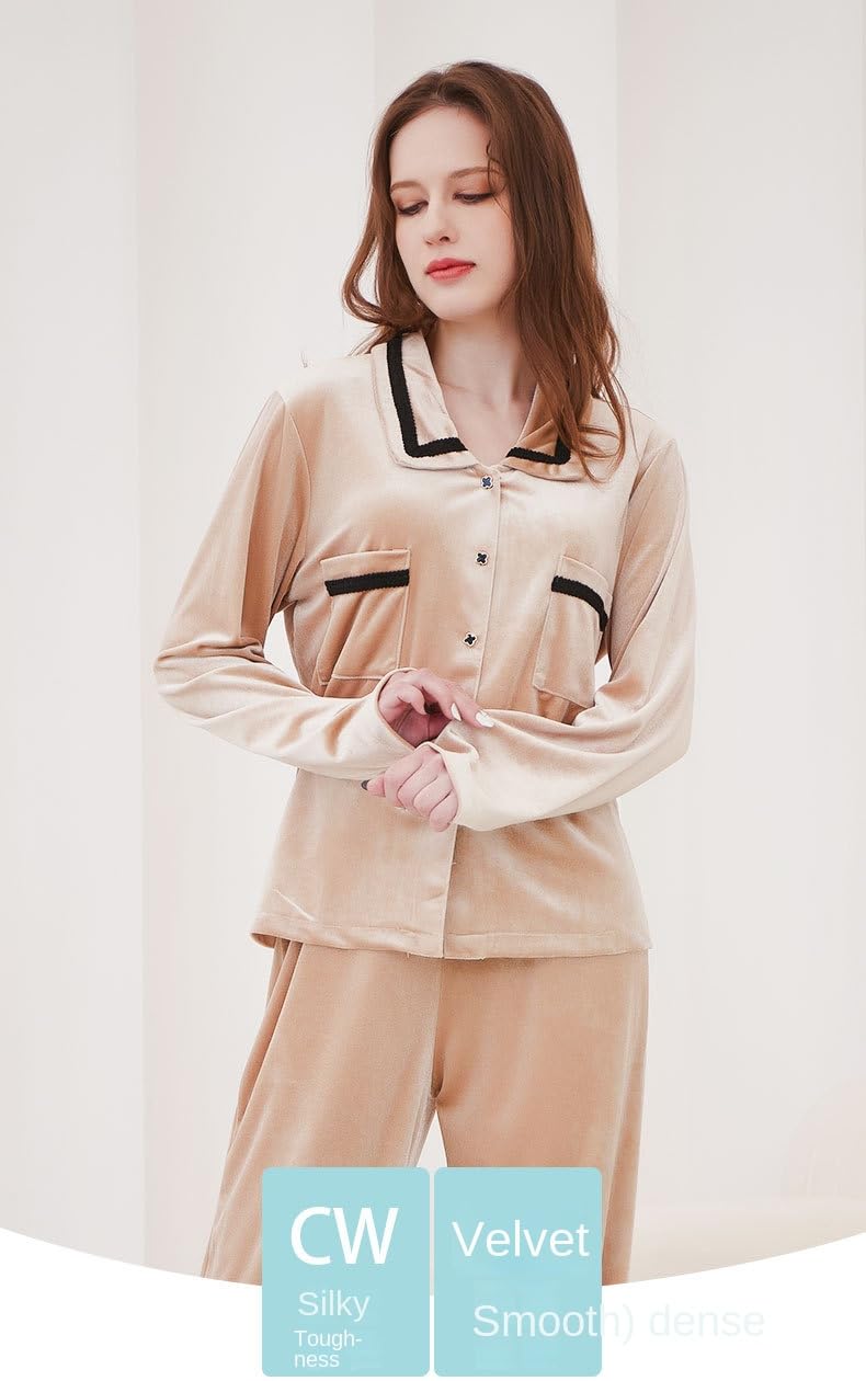 Pigiama Set di Pigiami Autunno E Inverno Femminile, Pigiama A Bottone in Velluto Dorato, Pigiama Sciolto per La Pelle-Matcha Green-XL