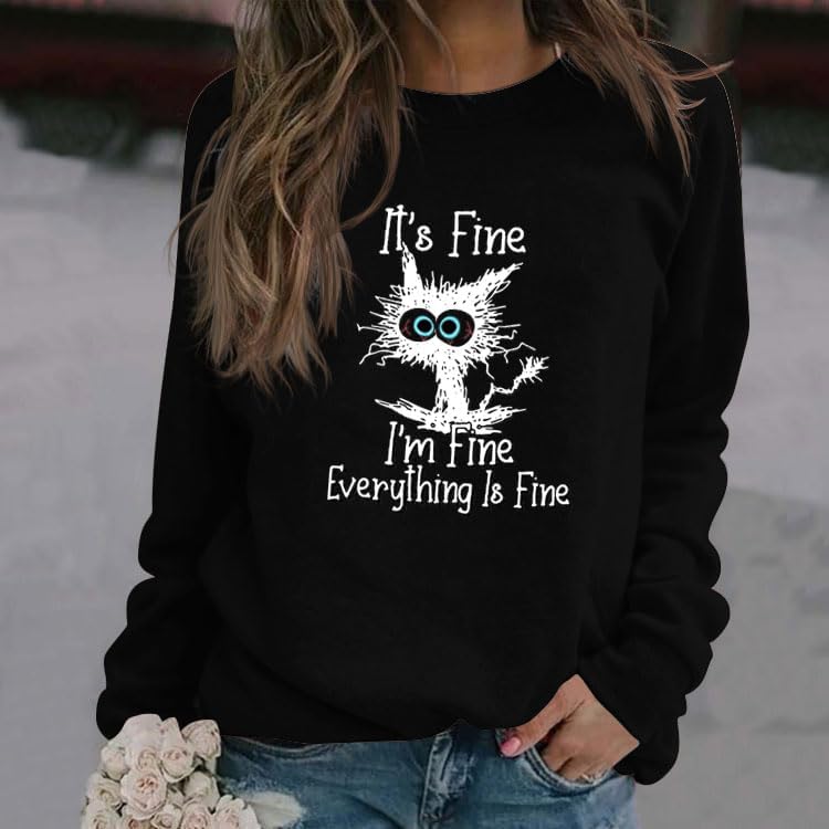 Cat Graphic Sweatshirts For Women Cute Long Sleeve Shirts I'm Fine Everything Is Fine Sweatshirt Pullover Crewneck Tops - Image 2