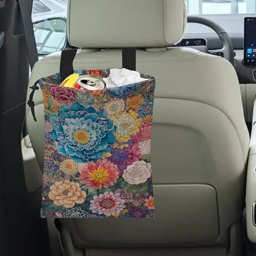 Image of Car Trash Bag Hanging Blooming Flowers Car Trash Can Waterproof Garbage Bag Hanging for Car Back Seat
