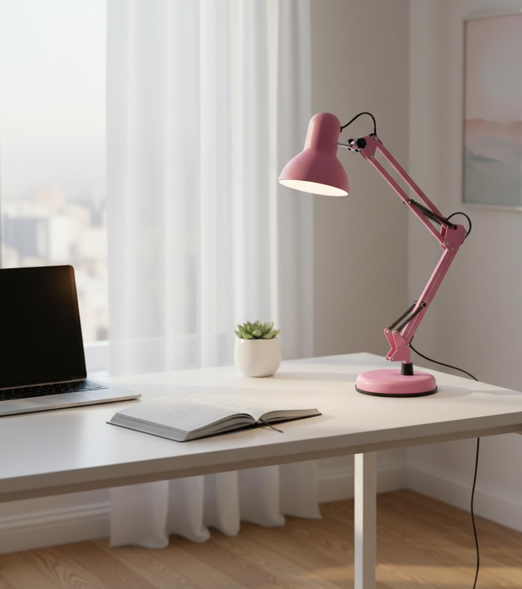 BEL AIR HOME - Lampada da scrivania a LED - Braccio snodato - Design vintage retro - 1xE27 - Lampada per scrivania, lampada da tavolo bimbo - Rosa opaco, Metallo (lampadina non inclusa)
