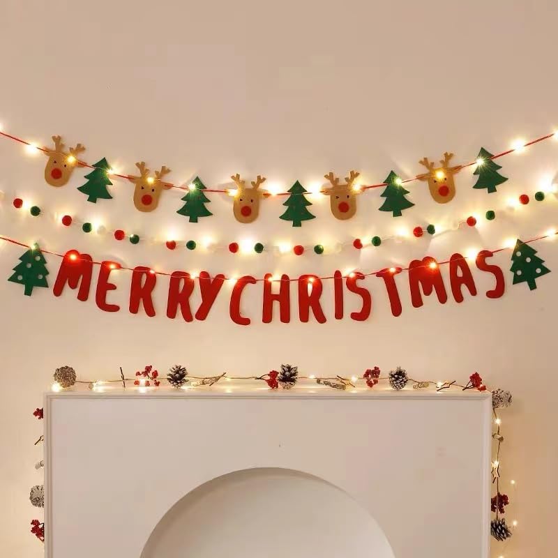 YongXinMY Felt Christmas Garland - Festive Felt Banner with Pom Pom & LED Light String Hanging Decoration for Wall Fireplace Mantel Window Holiday Party Background Home Decor (#1)