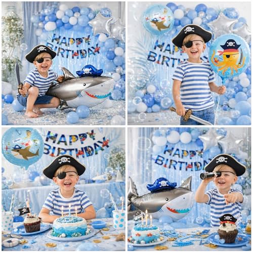 Image of Rozi Decoration Shark Theme Birthday Decorations Foil Curtain Backdrop Combo Kit Set of 84 Pcs | Fish Theme Foil Balloons | Birthday Decoration Kit for Shark Bday Decor