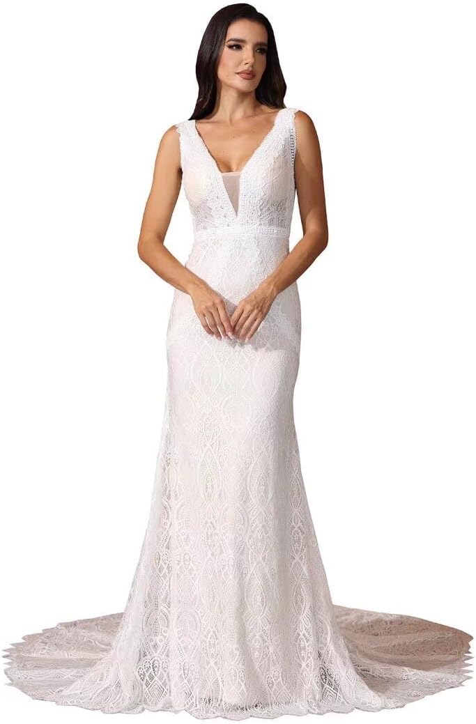Plus Size Boho Lace Wedding Dresses for Bride V Neck Long Beach Mermaid Backless Vintage Bohemian Bridal Gown