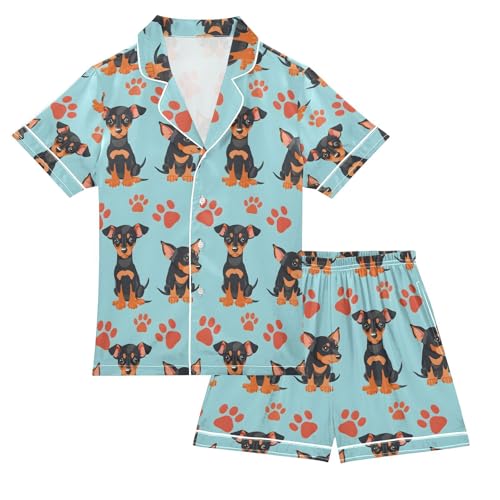 ALAZA Dog Puppy Pug Paw Pajamas Satin Pajama Set Short Sleeve Button Down Sleepwear