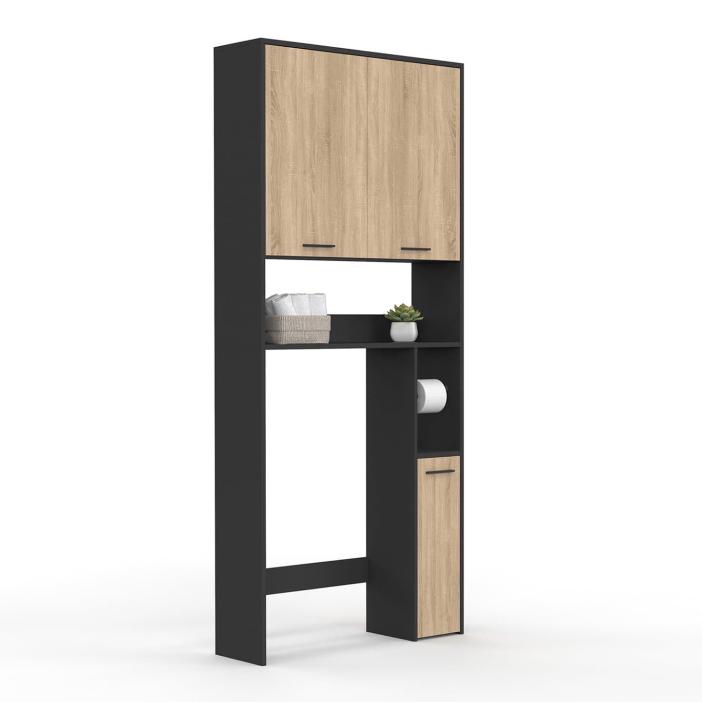 IDMarket - Meuble étagère Dessus WC Wallis Noir et Bois façon hêtre