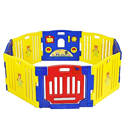 COSTWAY Box per Bambini con 8 Pannelli, Recinto Pieghevole con Giocattoli Educativi, Porta con Chiusura di Sicurezza, Cancello da Giocare per Bambini