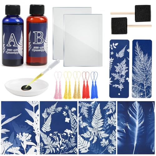 Csyidio Cyanotype Kit Includes 2 Component Sensitizer Set 40 Sheets A5 Paper Brush Tools and Instructions Sun Print Nature Printing Kit for Photographic Blueprints DIY Arts Crafts Projects