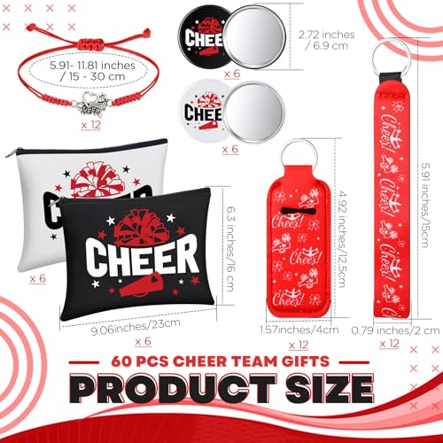 60 Pcs Cheerleader Gifts Bulk Cheer Team Gifts for Women Girls with Cheerleader Cosmetic Bags Makeup Mirror Bracelets Lipstick Holder Keychains Lanyard Cheer Team Party Favors (Red White)3