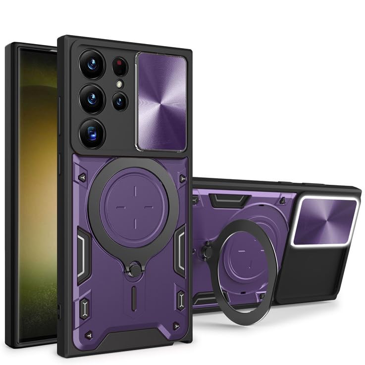 POCHY Coque Mince pour Samsung Galaxy S24 Ultra/S24 Plus/S24, Magnétique 360° Rotatif Annulaire Béquille Étui avec Coulissant Caméra Housse,Violet,S24 Ultra