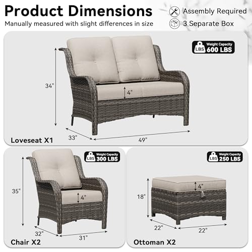 Image of 5 Piece Outdoor Wicker Patio Furniture Set, Patio Chairs Set with Thickened Olefin Cushions, High Back and Deep Seating, Hand-Woven PE Rattan, Ottoman for Porch, Deck