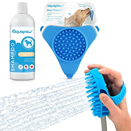 Aquapaw - 3-Piece Pet Washing & Grooming Bundle; incl. Pro Sprayer/Scrubber Combo Bath Tool, Slow Treater/Lick Mat, Sweet Pea Vanilla Deodorizing Pet Shampoo - Dog Washing Kit, Pet Cleaning & Bathing